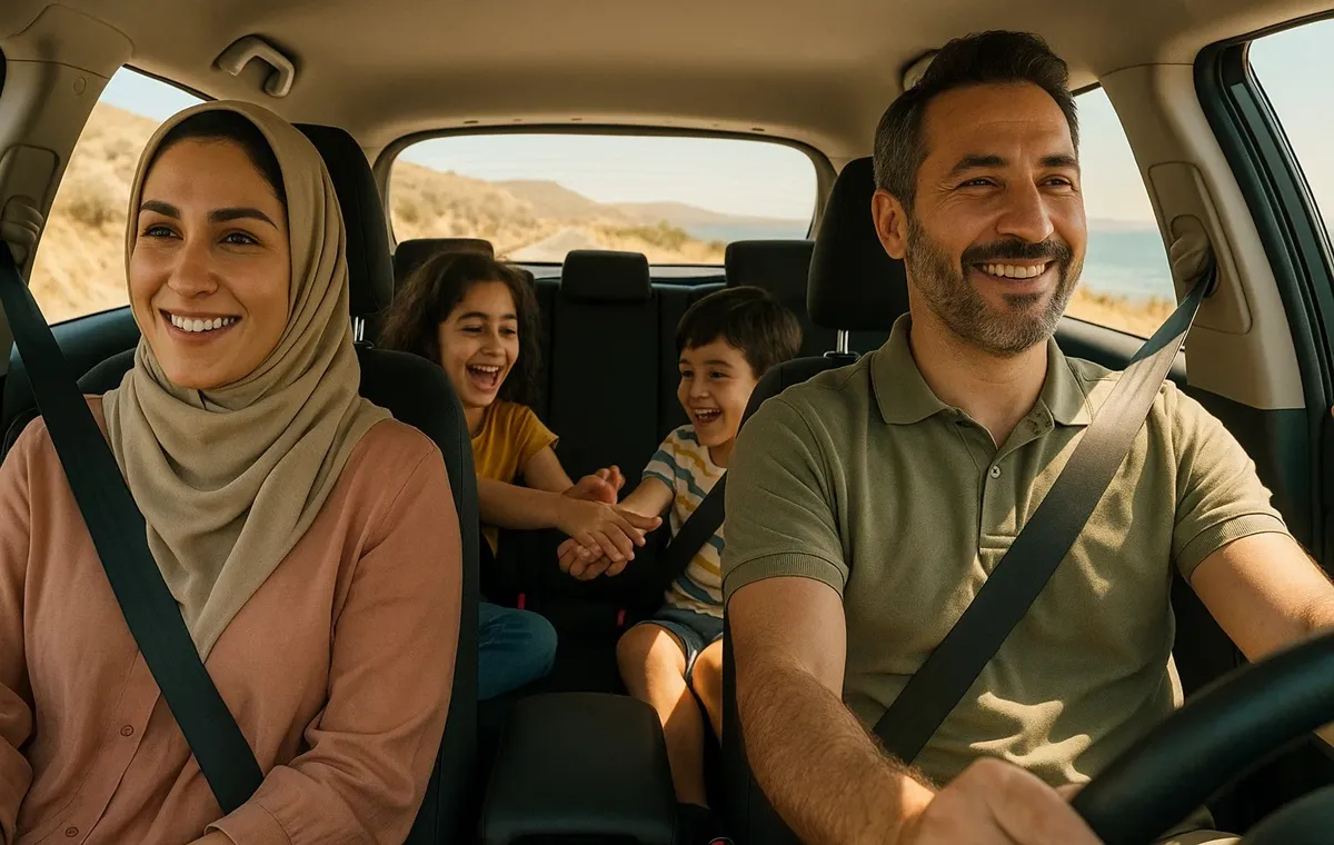 خانواده ای که در گرما تابستان با کولر ماشین خنک و ارام هستند.